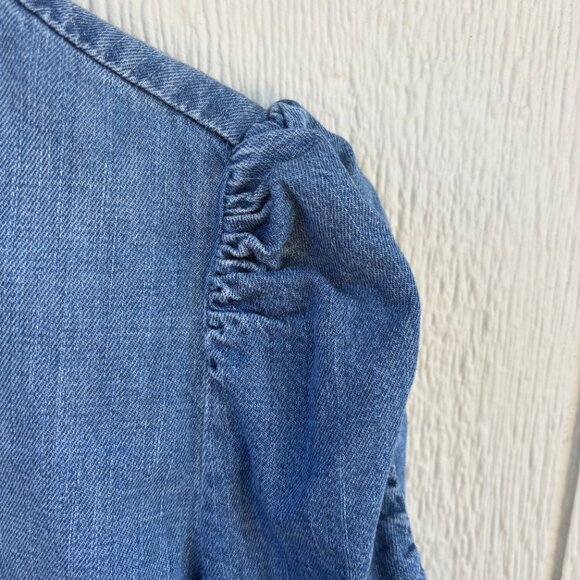 Frame Shirred Sleeve Button Up Shirt Women's Small Blue Denim Chambray Office - Picture 5 of 11